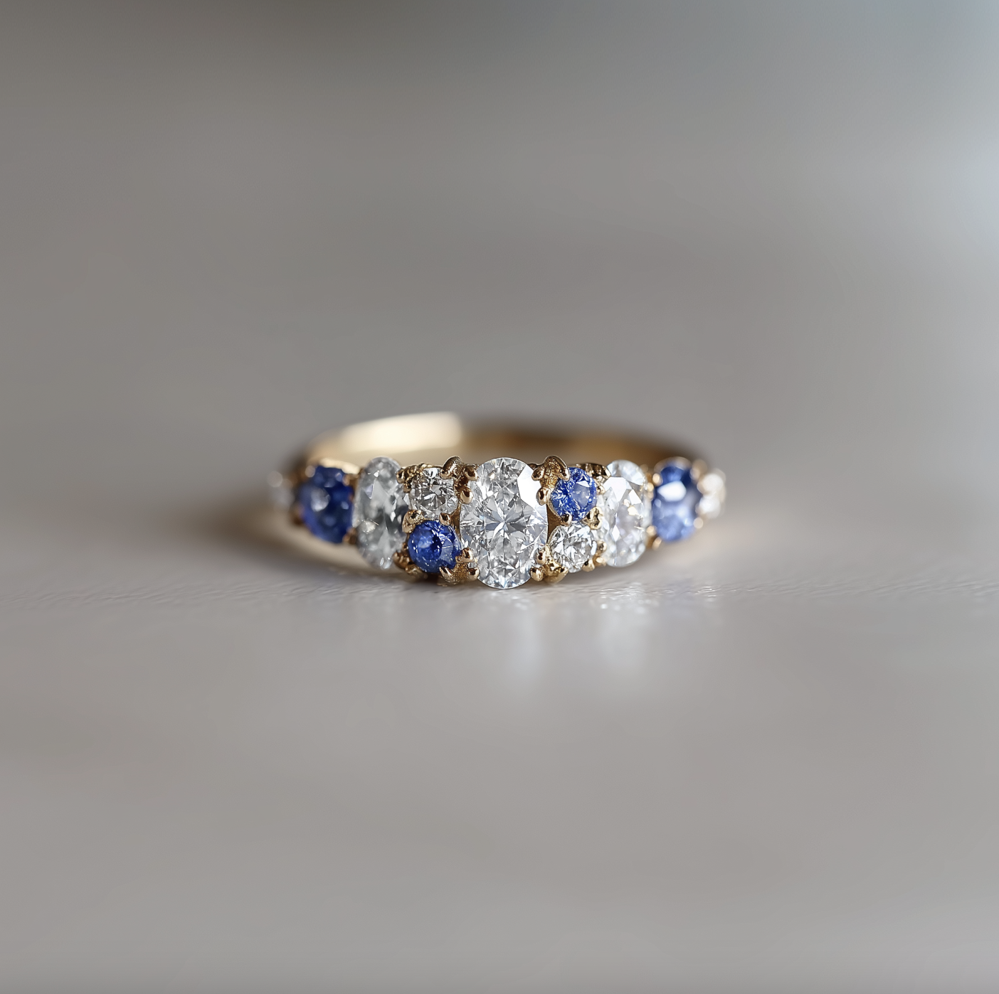 Cordelia’s Keepsake | Thistle Blue Sapphire & Moissanite Half‑Eternity Ring