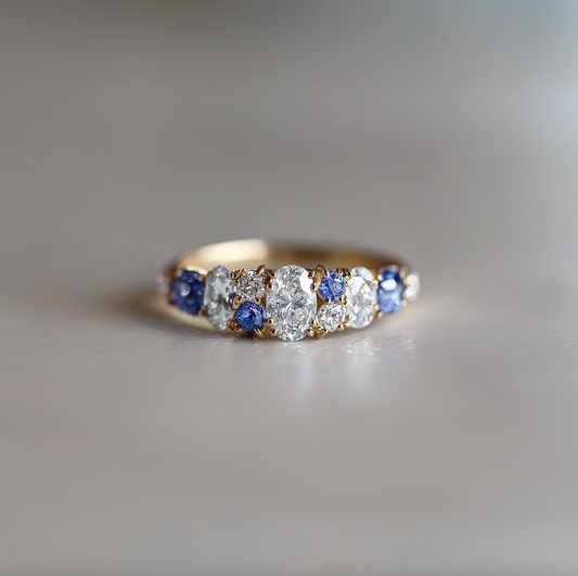 Cordelia’s Keepsake | Thistle Blue Sapphire & Moissanite Half‑Eternity Ring