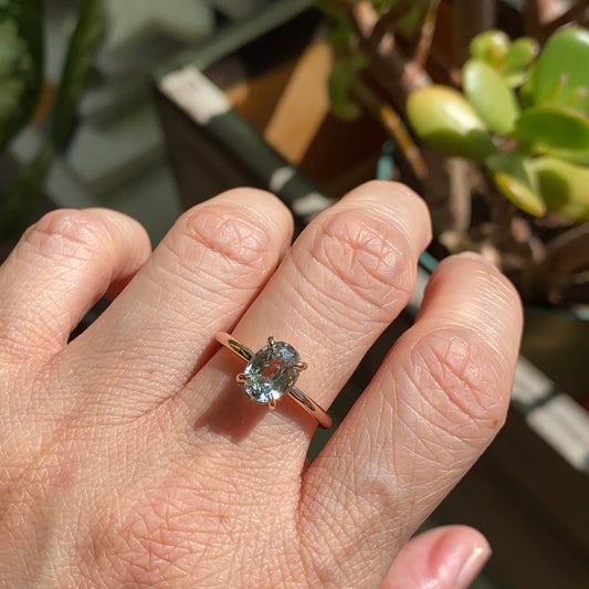 1.89 Ct Sea-Foam Green Sapphire Ring in 14k Rose Gold Low Profile Solitaire Ring, Size 6.25