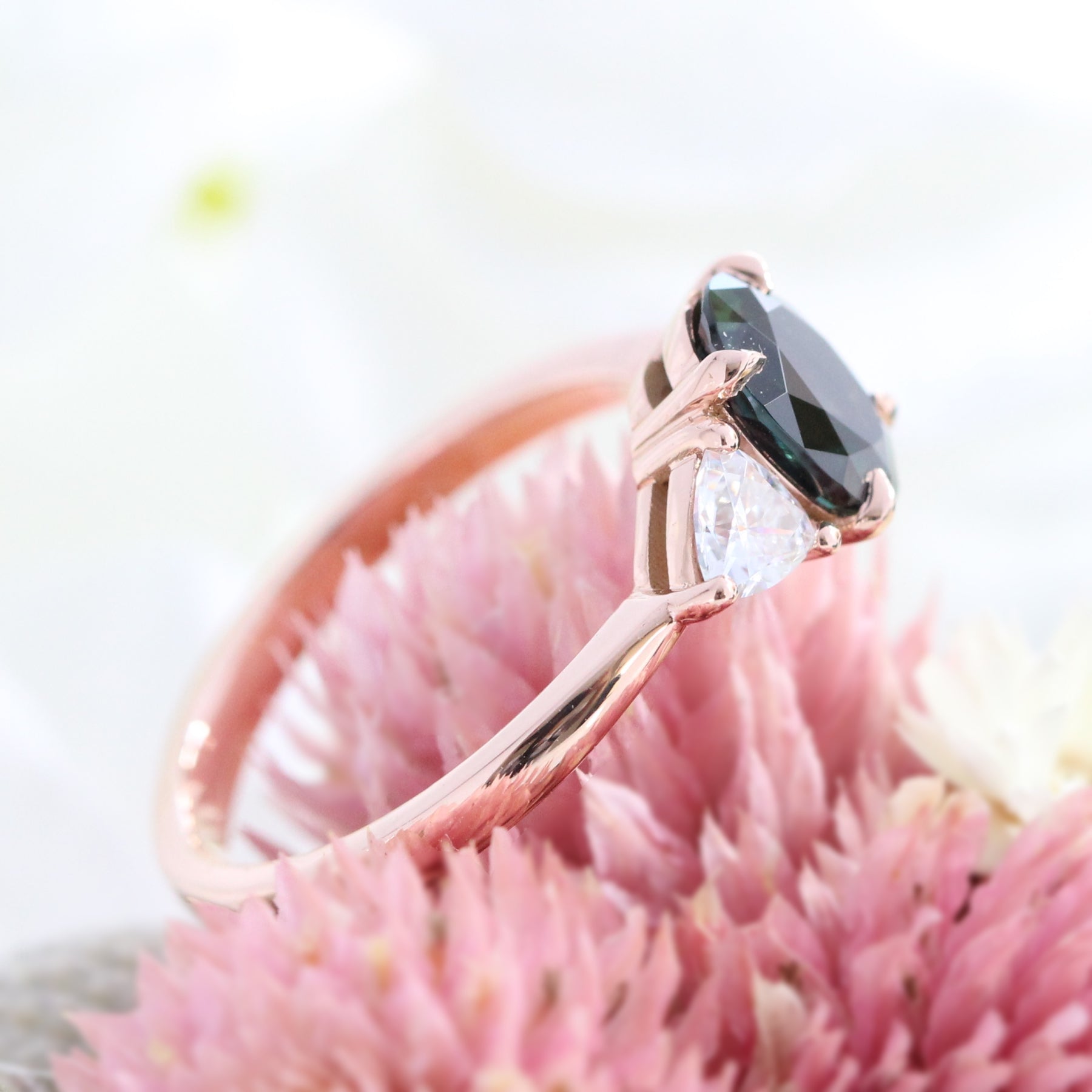 1.93 Ct. Oval Teal Green Sapphire Ring in 14k Rose Gold 3 Stone Ring, Size 6.25