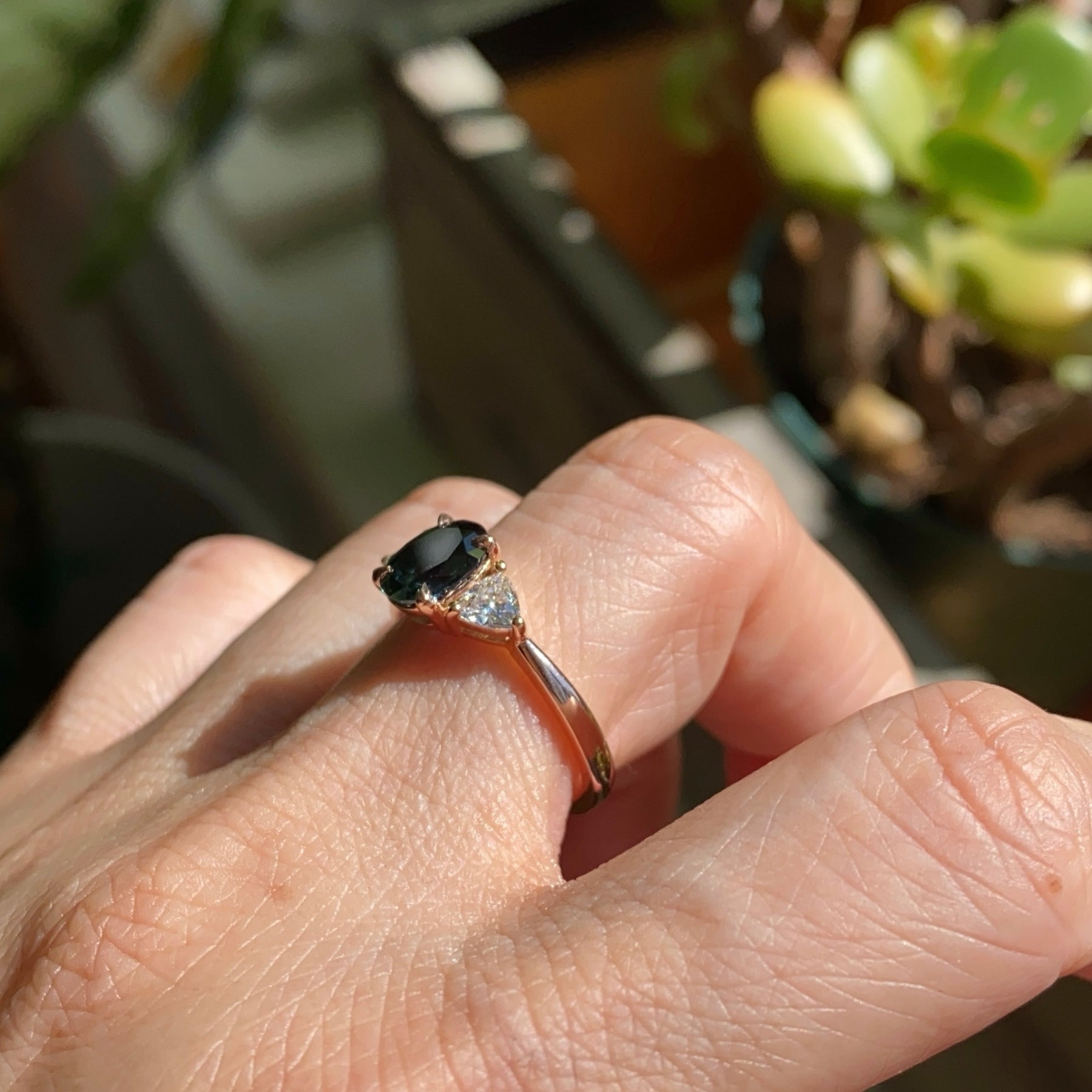 1.93 Ct. Oval Teal Green Sapphire Ring in 14k Rose Gold 3 Stone Ring, Size 6.25