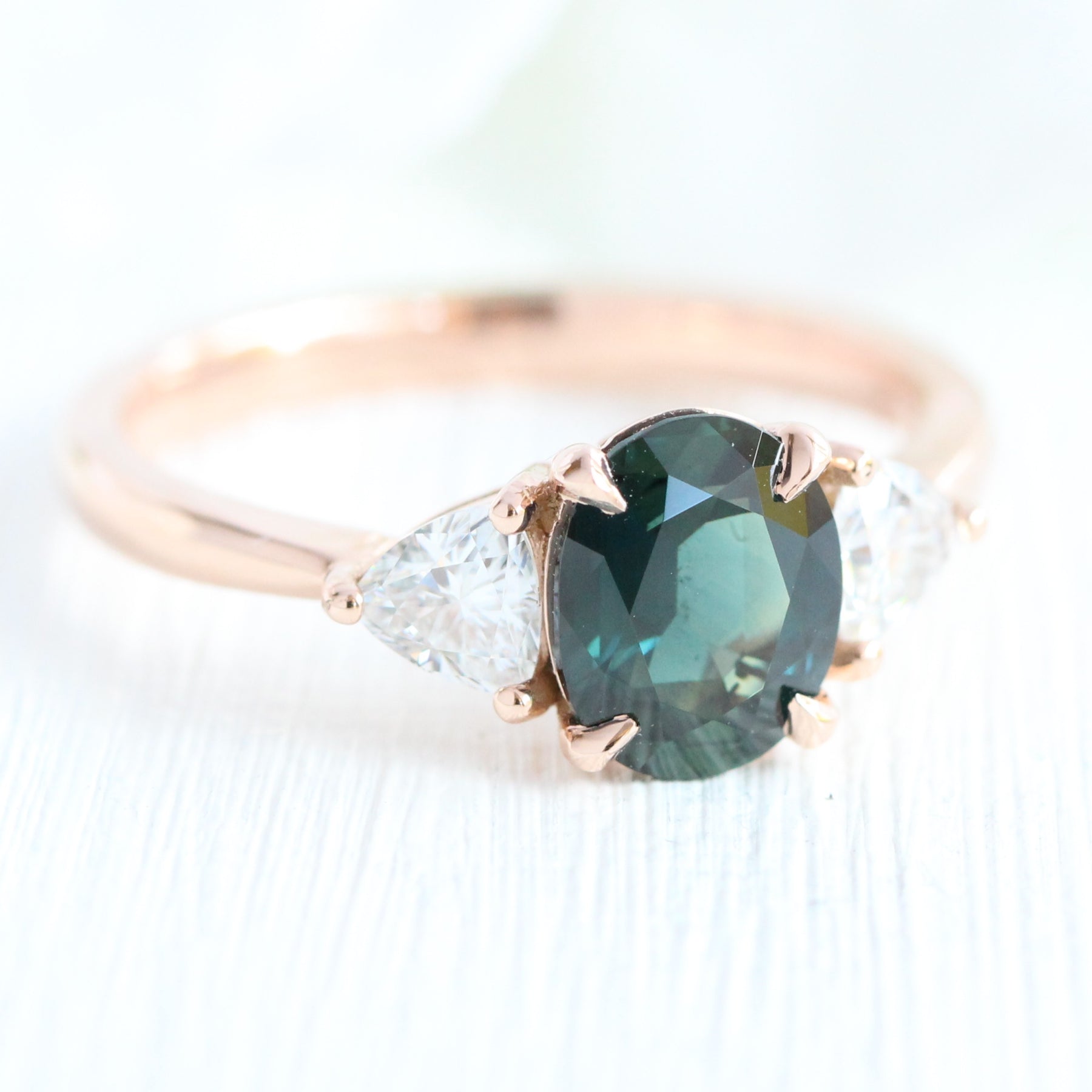 1.93 Ct. Oval Teal Green Sapphire Ring in 14k Rose Gold 3 Stone Ring, Size 6.25