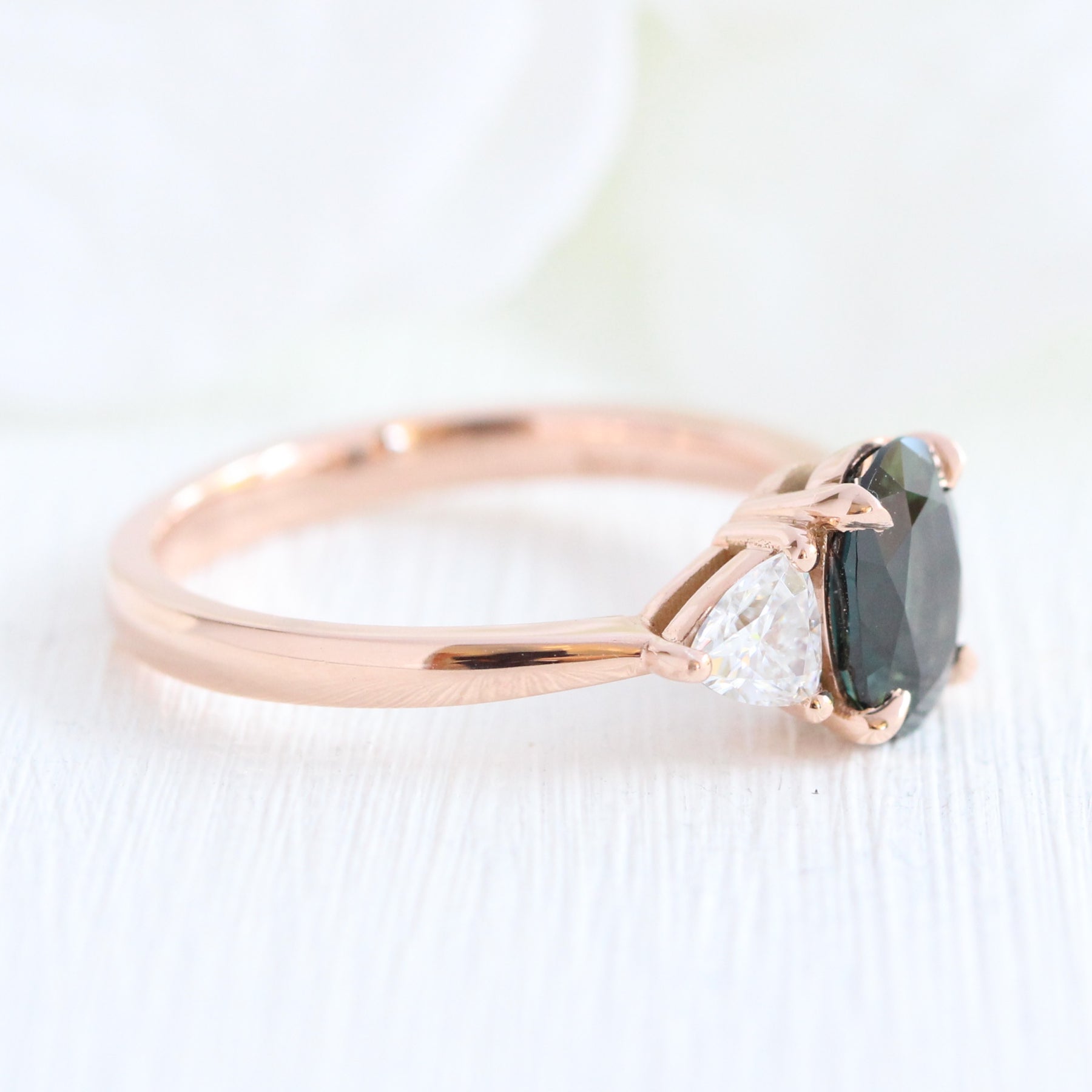 1.93 Ct. Oval Teal Green Sapphire Ring in 14k Rose Gold 3 Stone Ring, Size 6.25