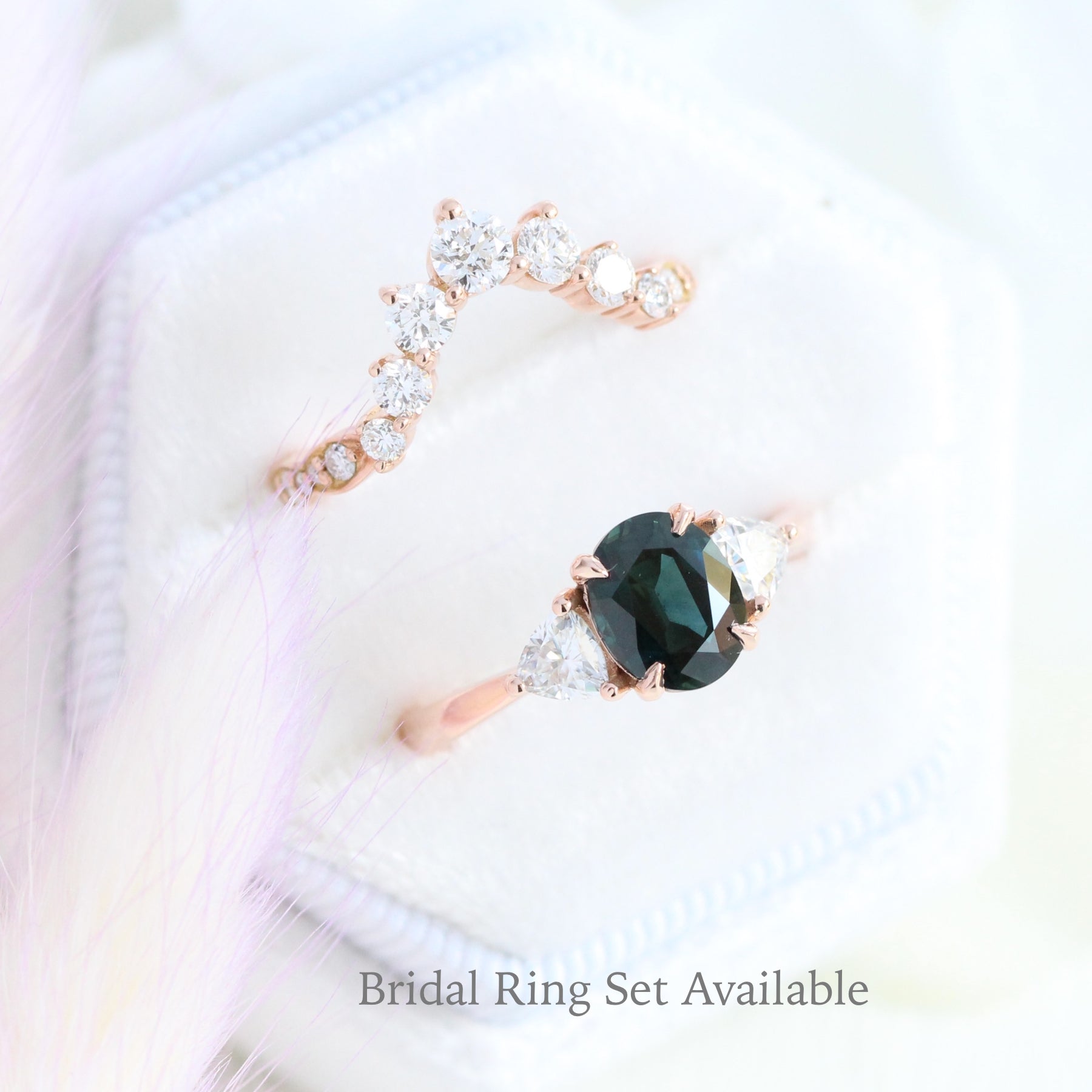1.93 Ct. Oval Teal Green Sapphire Ring in 14k Rose Gold 3 Stone Ring, Size 6.25