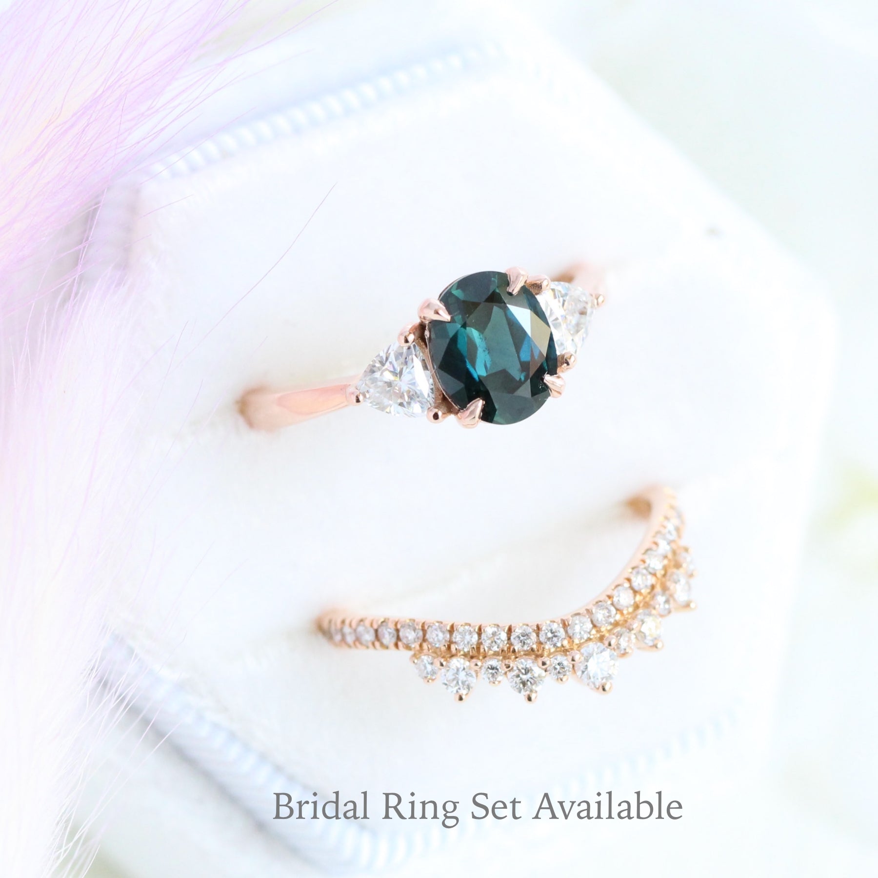 1.93 Ct. Oval Teal Green Sapphire Ring in 14k Rose Gold 3 Stone Ring, Size 6.25