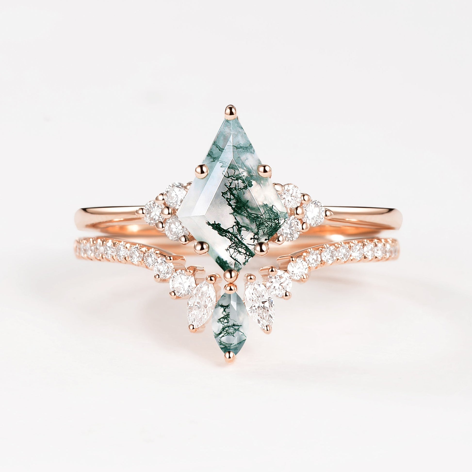 Unique Moss Agate Cluster Engagement Ring Set 2pcs - Lydia
