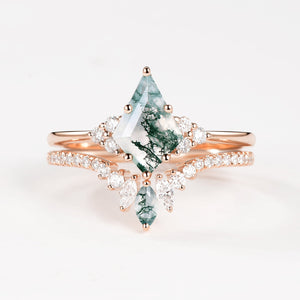Unique Moss Agate Cluster Engagement Ring Set 2pcs - Lydia