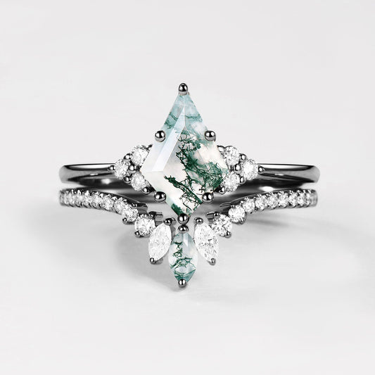 Black Gold Green Moss Agate Cluster Engagement Ring Set 2pcs