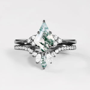 Unique Moss Agate Cluster Engagement Ring Set 2pcs - Lydia