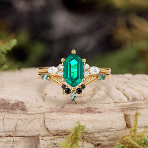 Unique Hexagon Moss Agate & Black Onyx Ring Set 2PCS