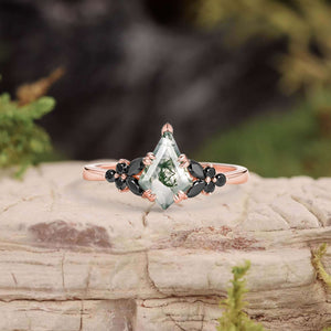 Unique Kite Cut Moss Agate & Black Onyx Leaf Engagement Ring