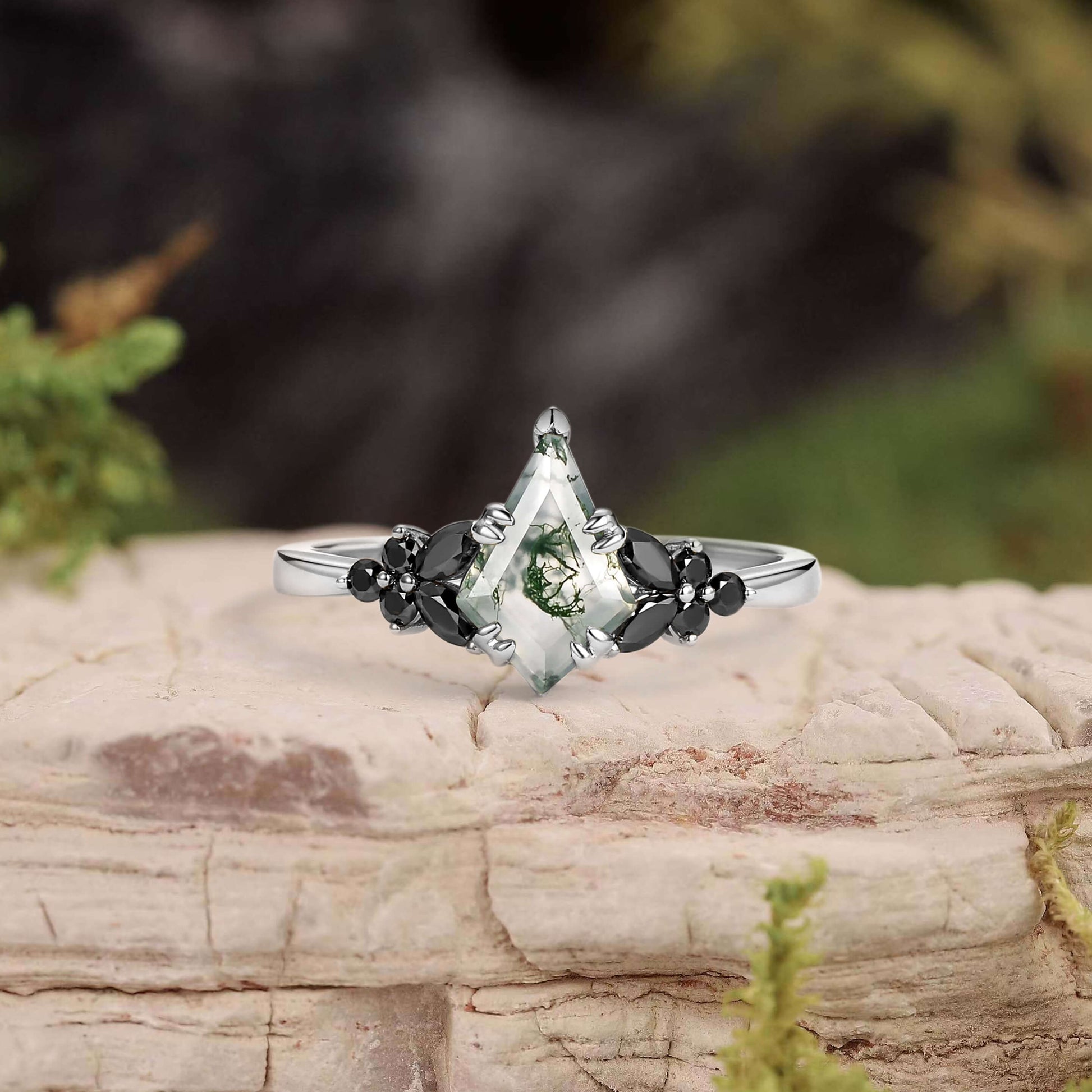 Unique Kite Cut Moss Agate & Black Onyx Leaf Engagement Ring