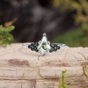 Unique Kite Cut Moss Agate & Black Onyx Leaf Engagement Ring