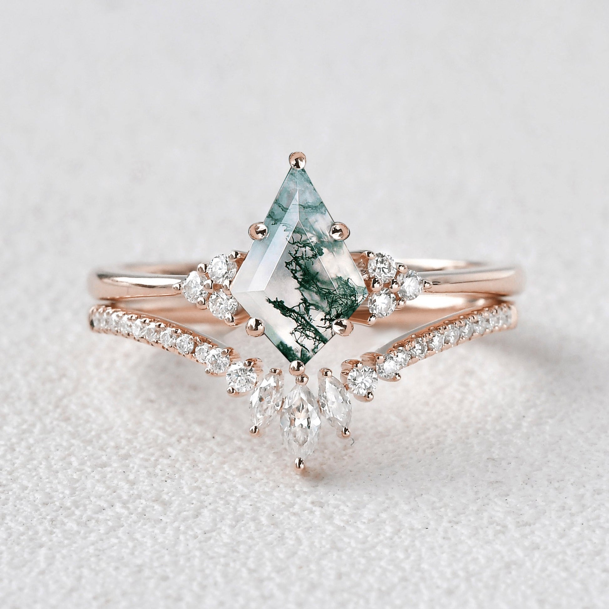 Unique Moss Agate Engagement Couple Ring Set 3pcs - Lydia