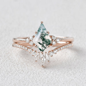 Unique Moss Agate Engagement Couple Ring Set 3pcs - Lydia