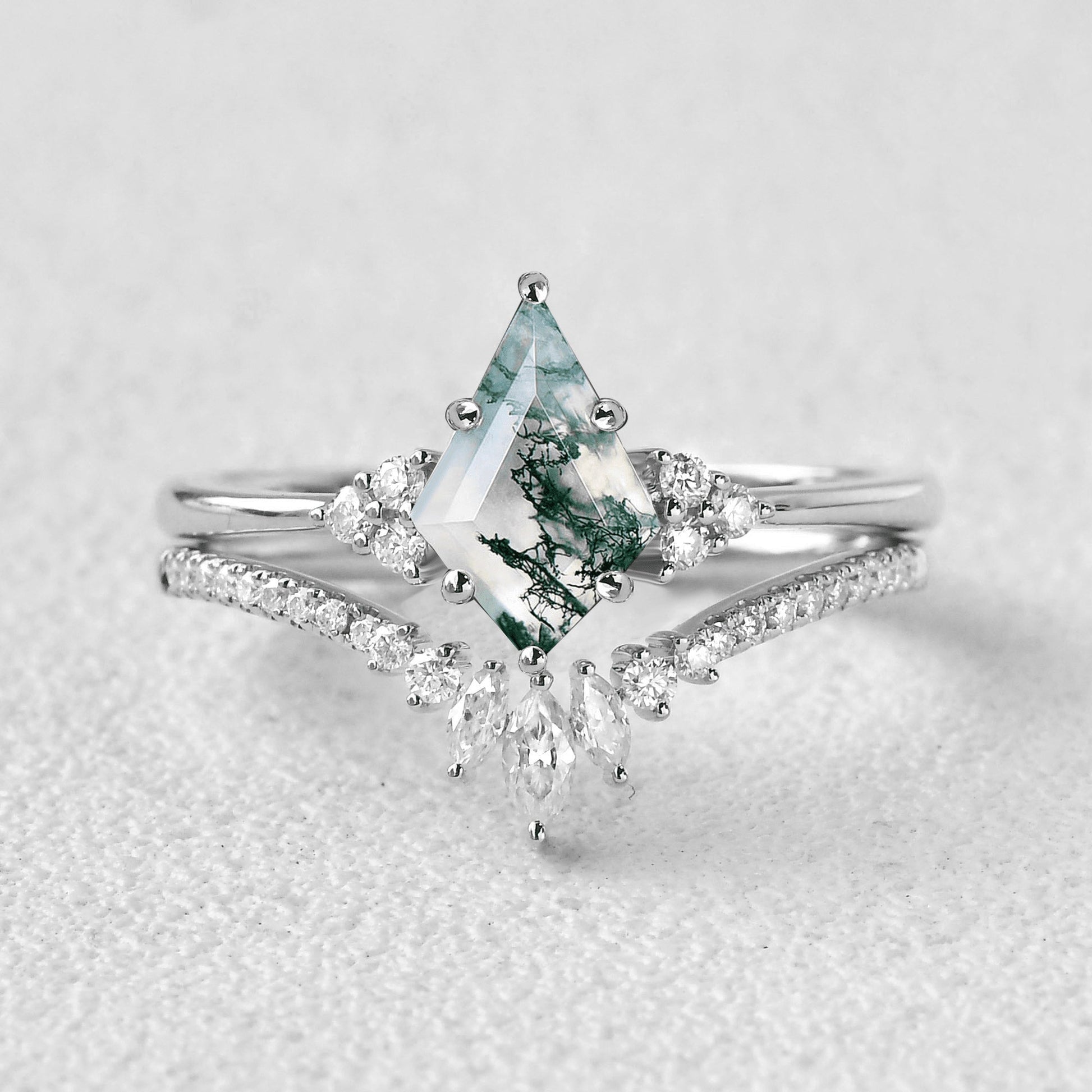 Unique Moss Agate Engagement Couple Ring Set 3pcs - Lydia