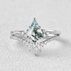 Unique Moss Agate Engagement Couple Ring Set 3pcs - Lydia