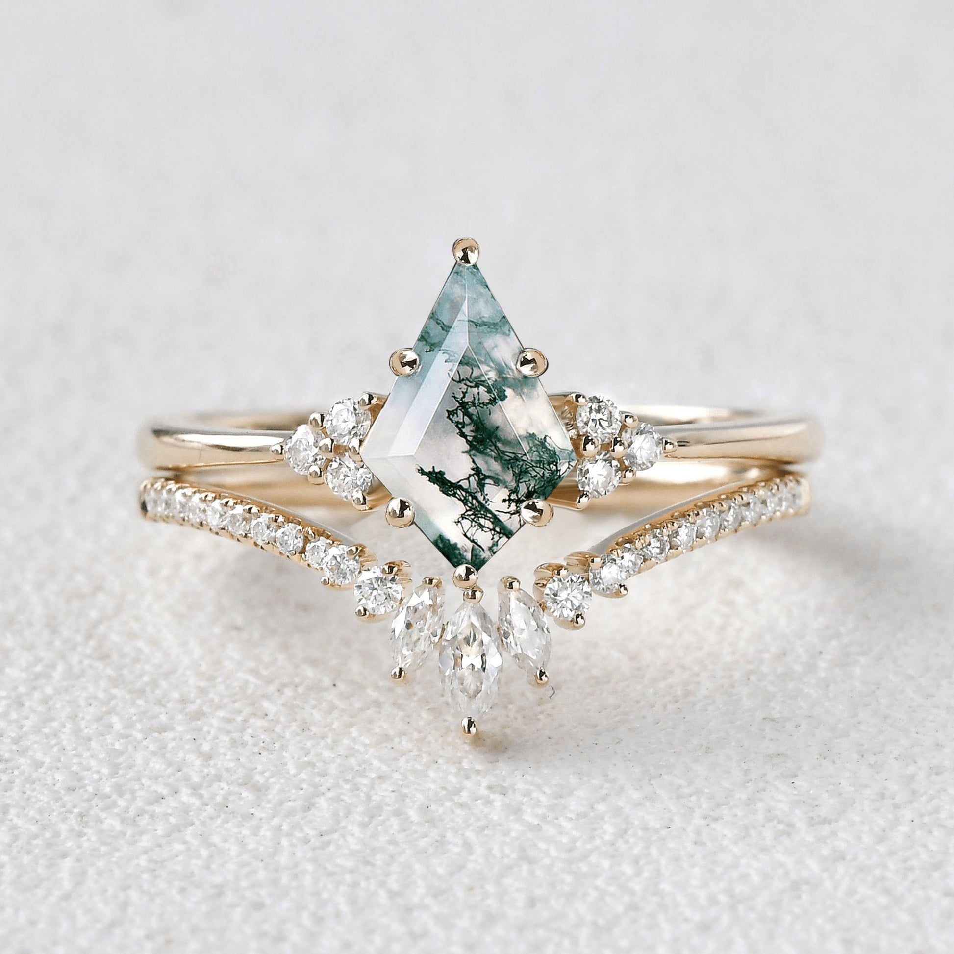 Unique Moss Agate Engagement Couple Ring Set 3pcs - Lydia