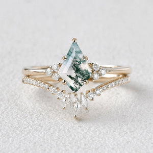 Unique Moss Agate Engagement Couple Ring Set 3pcs - Lydia