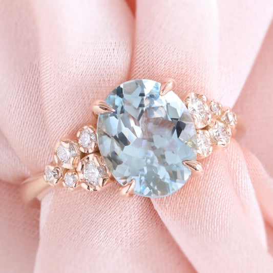 2.27 Ct Oval Aquamarine Diamond Ring in 14k Rose Gold Floral Cluster Ring Size 6.5