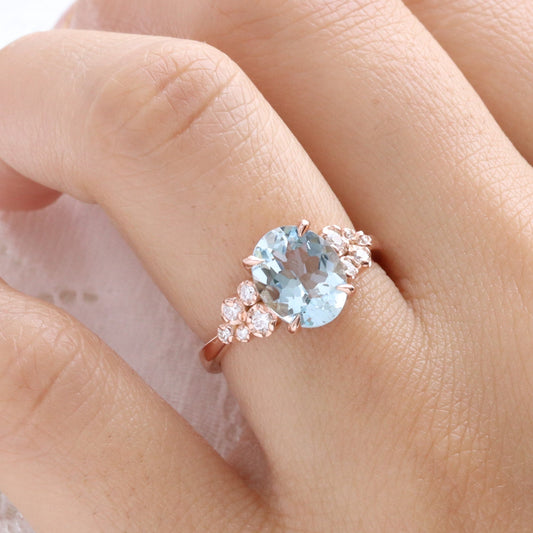 2.27 Ct Oval Aquamarine Diamond Ring in 14k Rose Gold Floral Cluster Ring Size 6.5
