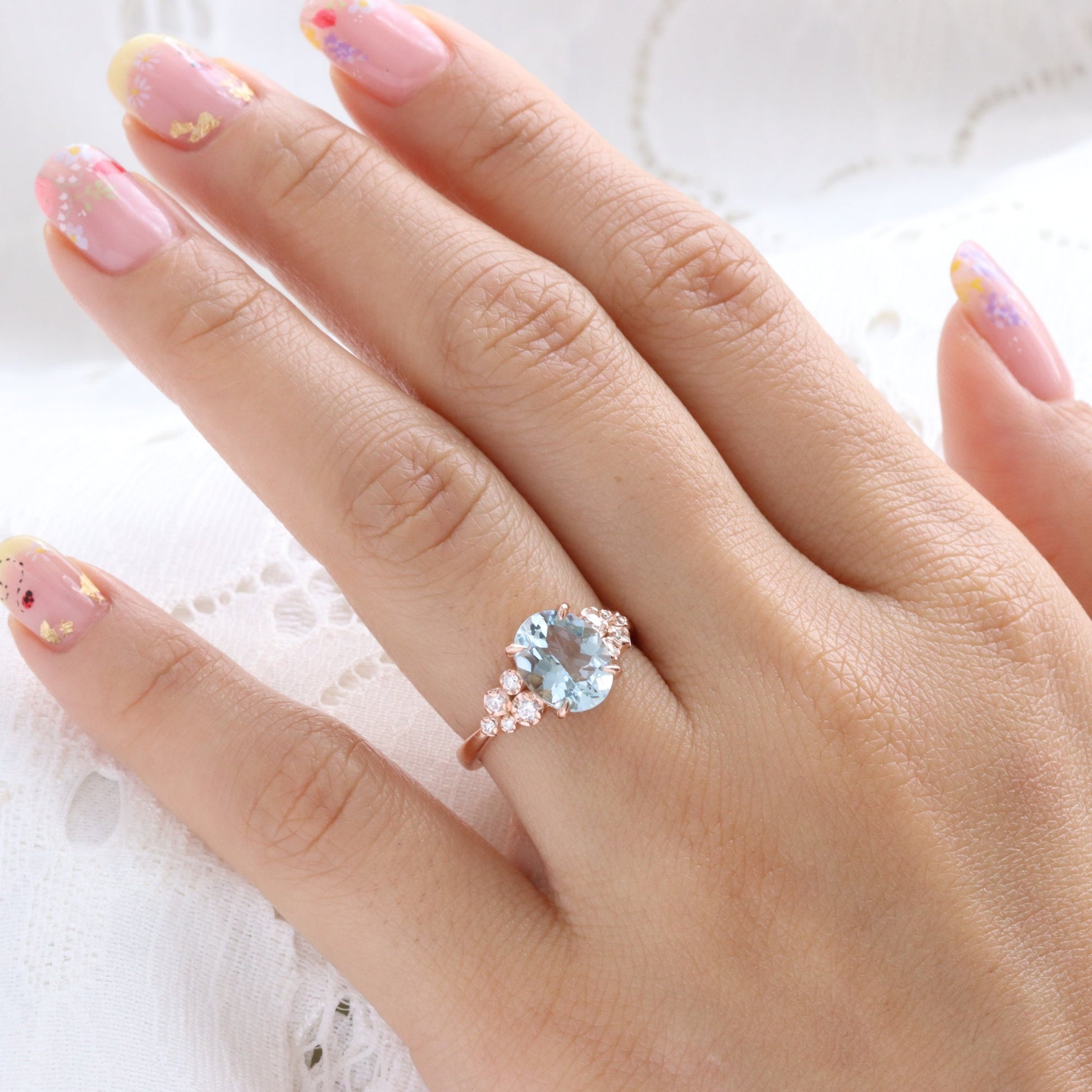 2.27 Ct Oval Aquamarine Diamond Ring in 14k Rose Gold Floral Cluster Ring Size 6.5