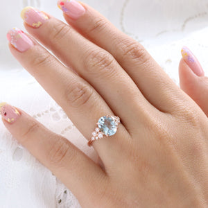 2.27 Ct Oval Aquamarine Diamond Ring in 14k Rose Gold Floral Cluster Ring Size 6.5