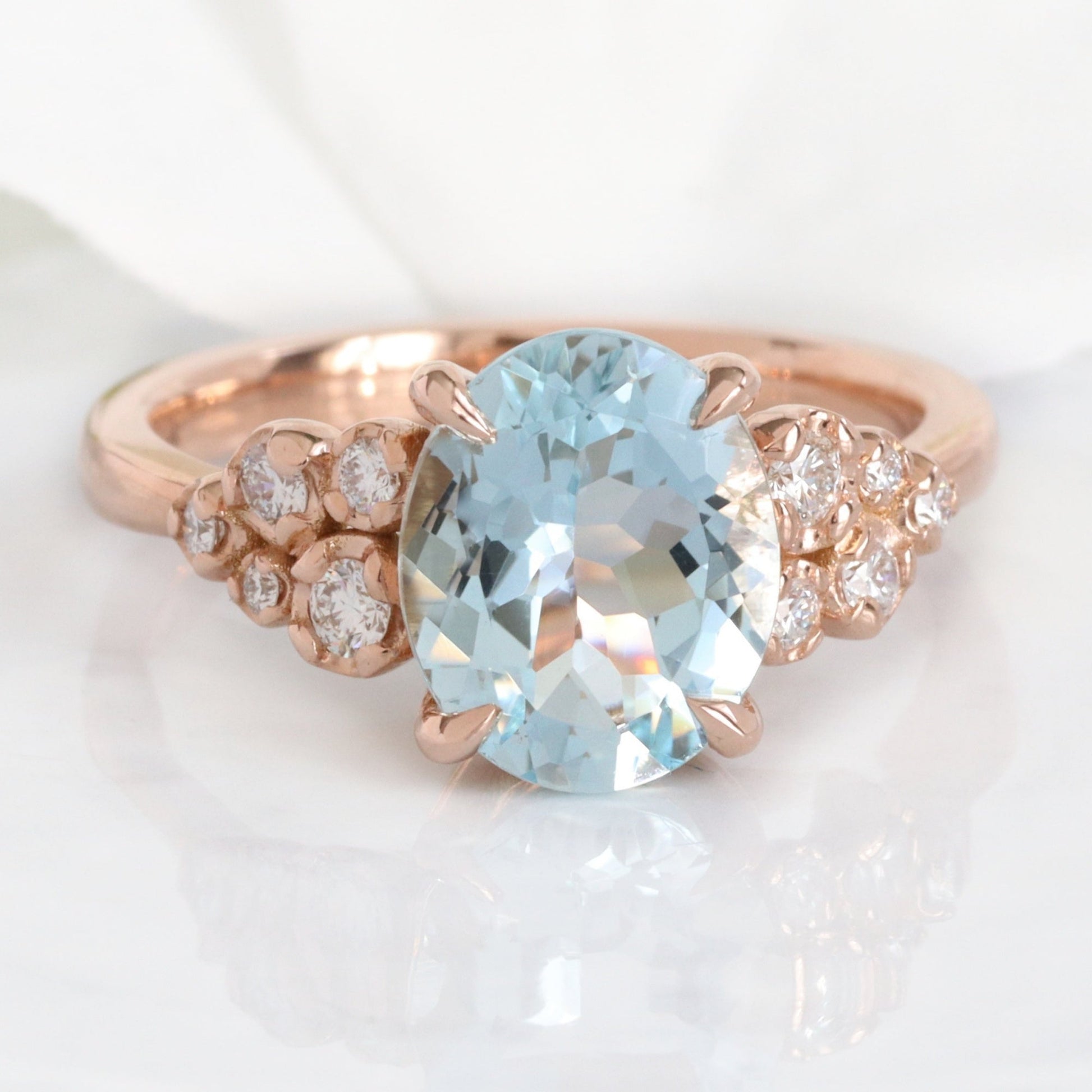 2.27 Ct Oval Aquamarine Diamond Ring in 14k Rose Gold Floral Cluster Ring Size 6.5