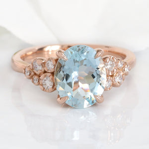 2.27 Ct Oval Aquamarine Diamond Ring in 14k Rose Gold Floral Cluster Ring Size 6.5