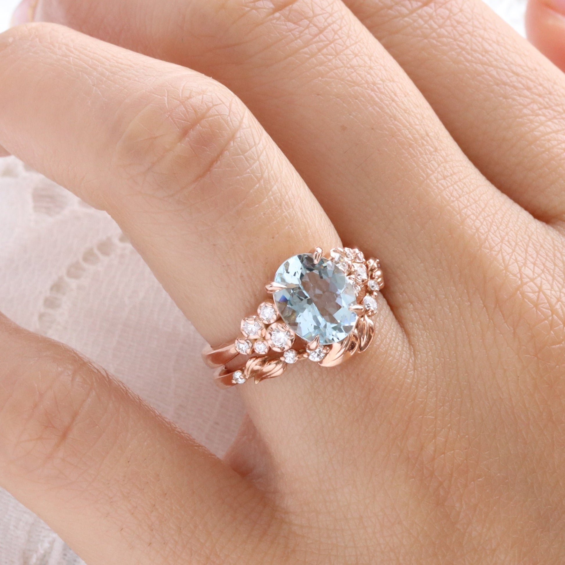 2.27 Ct Oval Aquamarine Diamond Ring in 14k Rose Gold Floral Cluster Ring Size 6.5