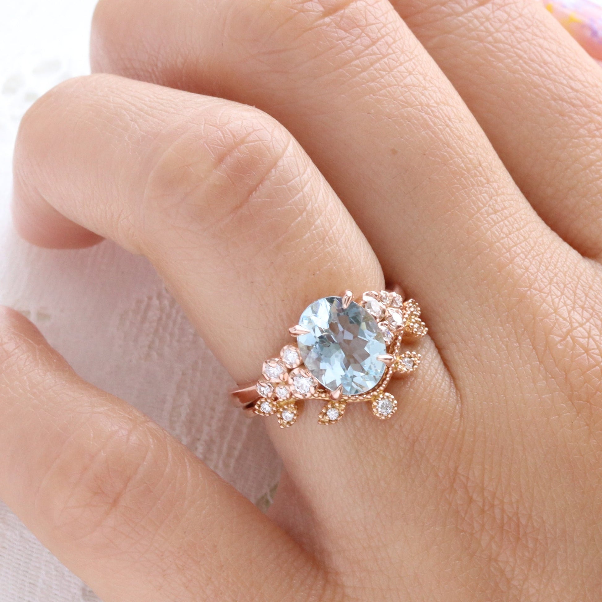 2.27 Ct Oval Aquamarine Diamond Ring in 14k Rose Gold Floral Cluster Ring Size 6.5