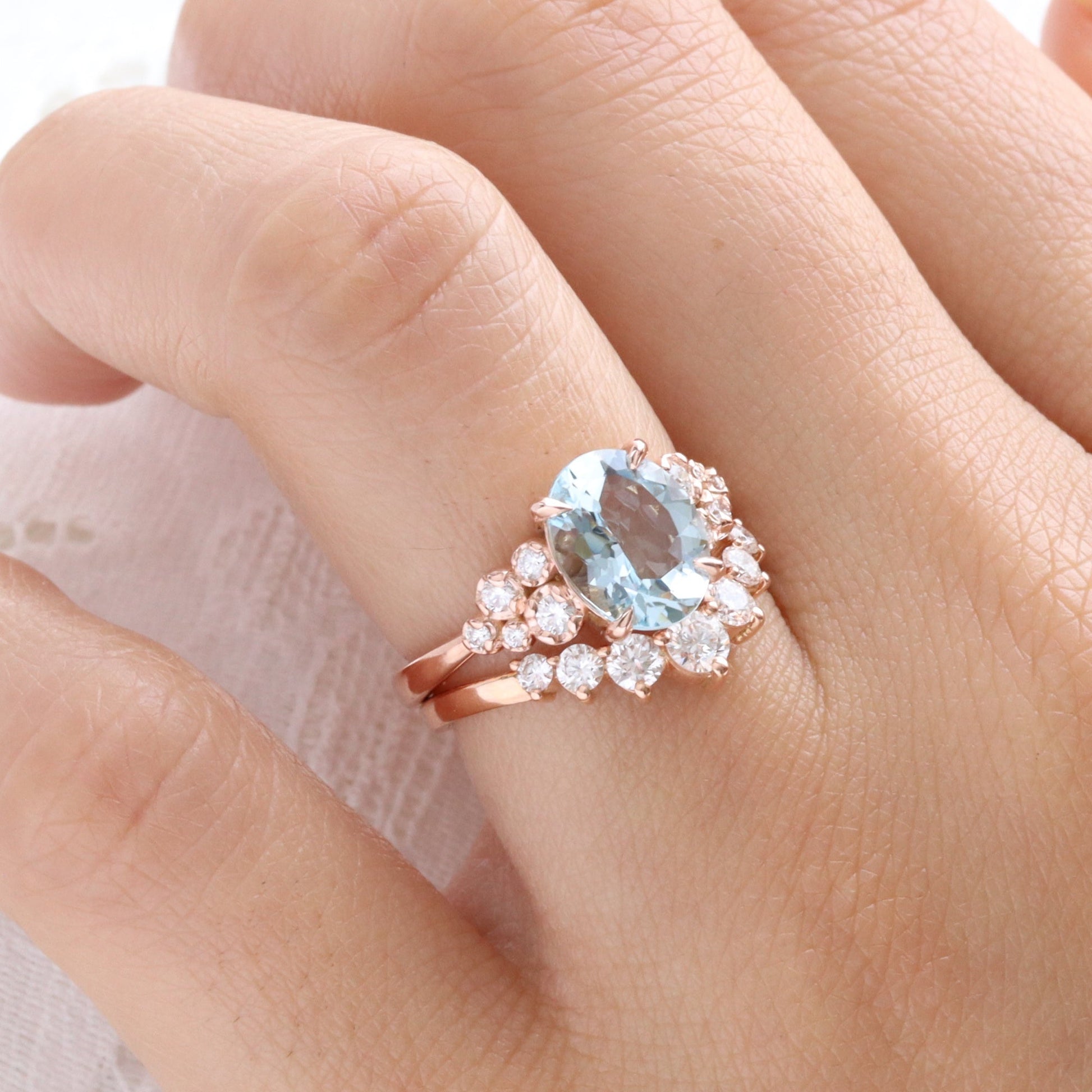 2.27 Ct Oval Aquamarine Diamond Ring in 14k Rose Gold Floral Cluster Ring Size 6.5