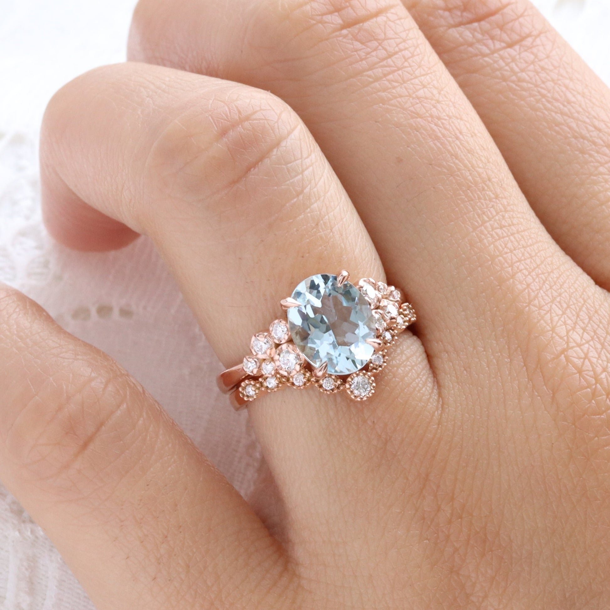 2.27 Ct Oval Aquamarine Diamond Ring in 14k Rose Gold Floral Cluster Ring Size 6.5