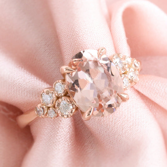 2.36 Ct Oval Morganite Diamond Ring in 14k Rose Gold Floral Cluster Ring Size 6.5