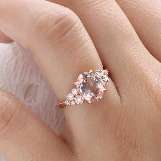 2.36 Ct Oval Morganite Diamond Ring in 14k Rose Gold Floral Cluster Ring Size 6.5
