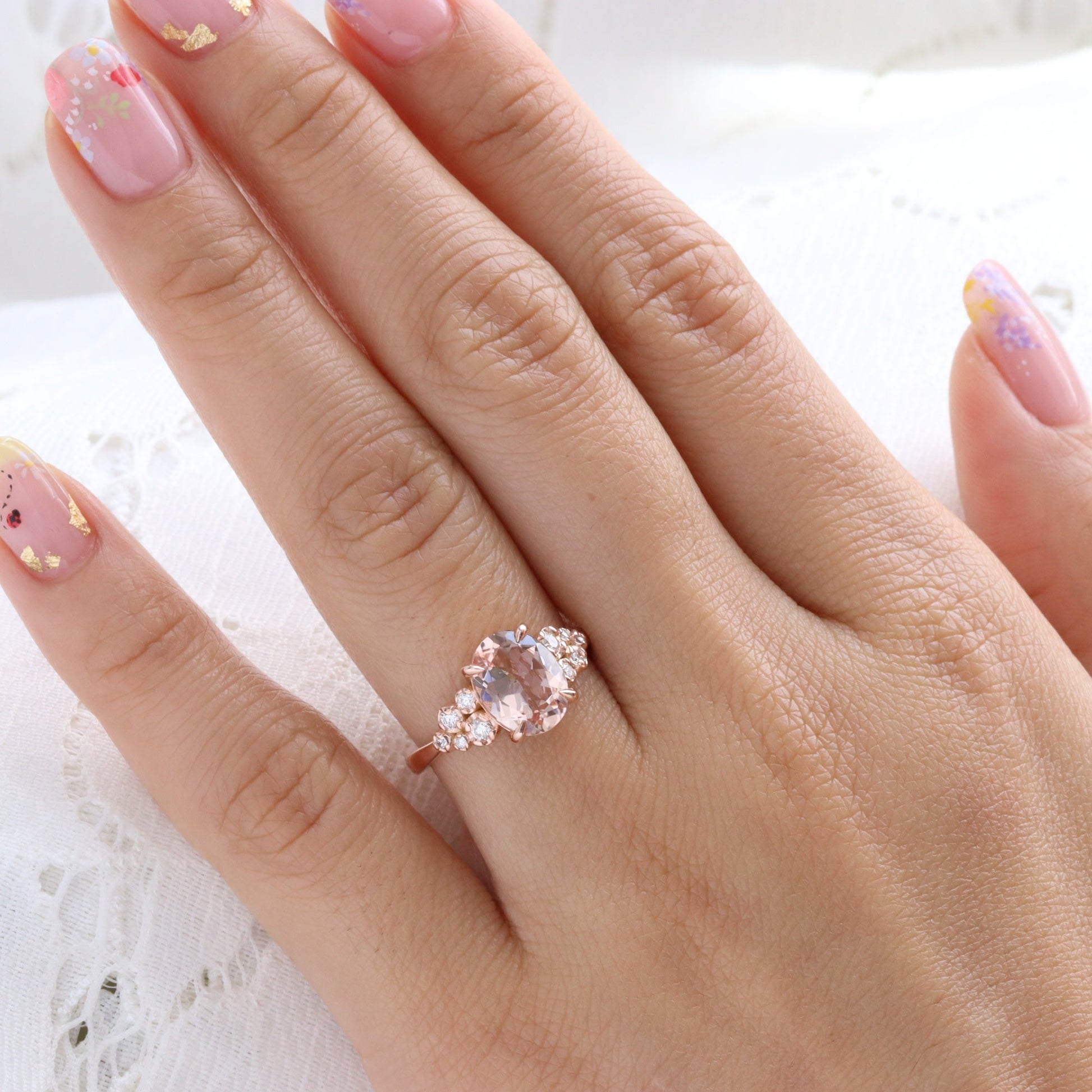 2.36 Ct Oval Morganite Diamond Ring in 14k Rose Gold Floral Cluster Ring Size 6.5