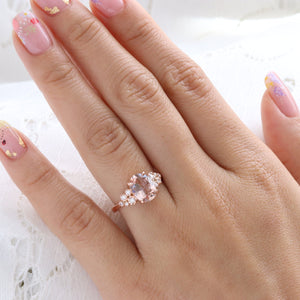 2.36 Ct Oval Morganite Diamond Ring in 14k Rose Gold Floral Cluster Ring Size 6.5