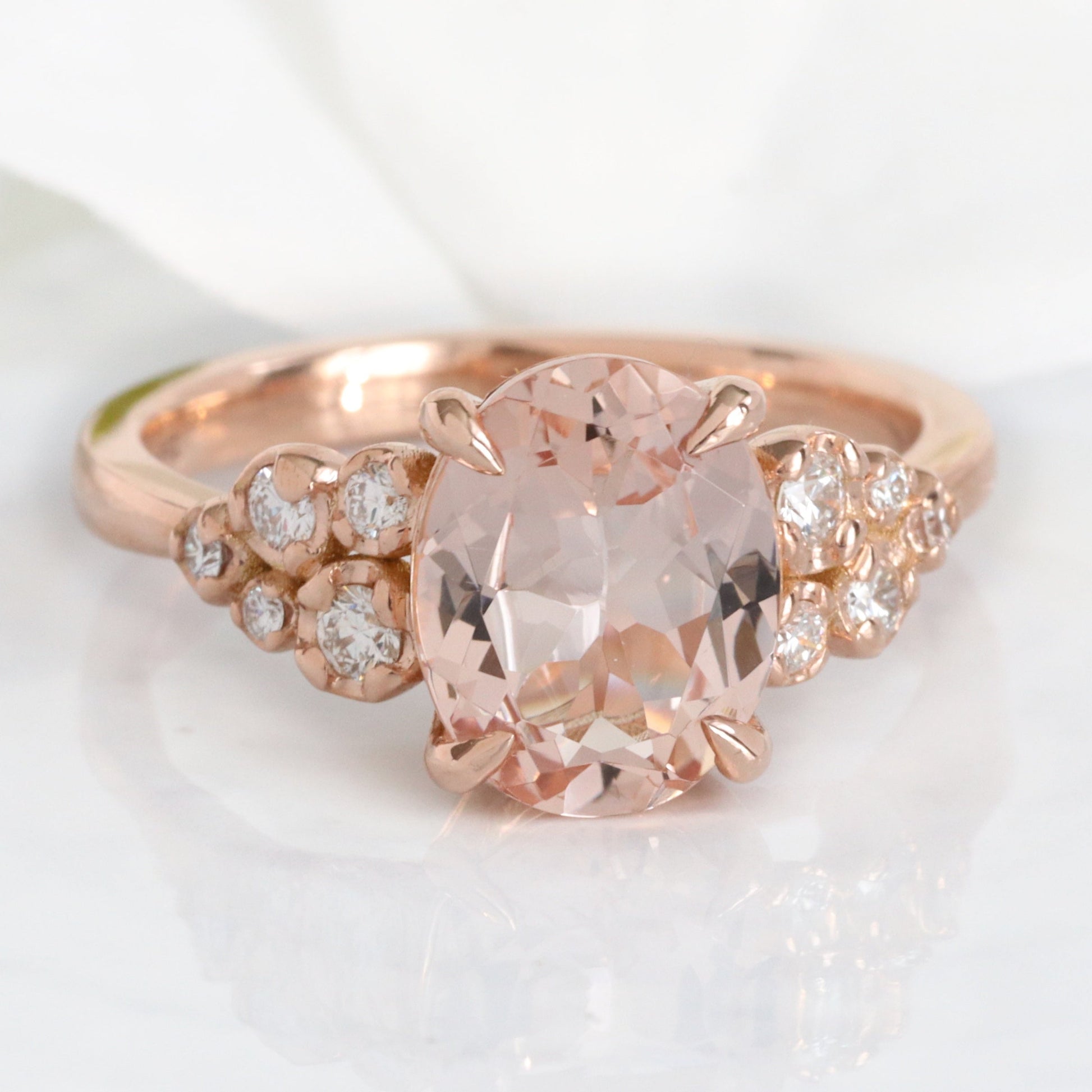 2.36 Ct Oval Morganite Diamond Ring in 14k Rose Gold Floral Cluster Ring Size 6.5