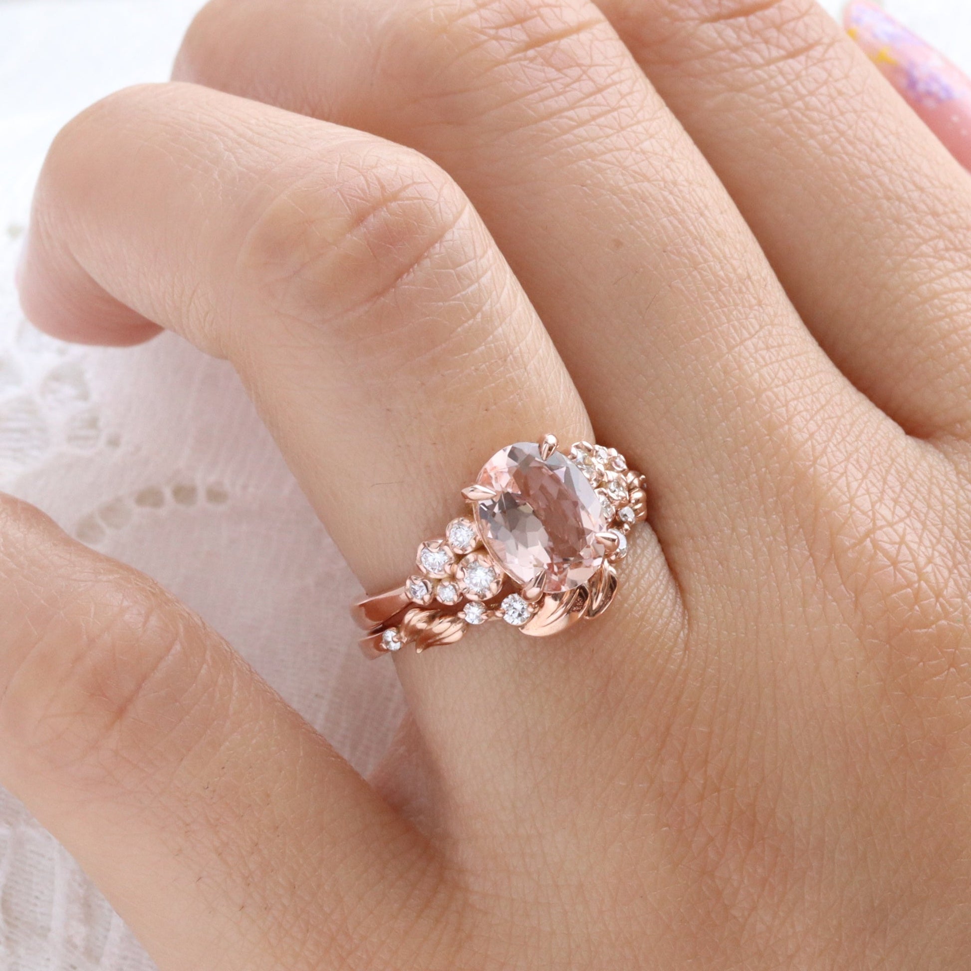 2.36 Ct Oval Morganite Diamond Ring in 14k Rose Gold Floral Cluster Ring Size 6.5