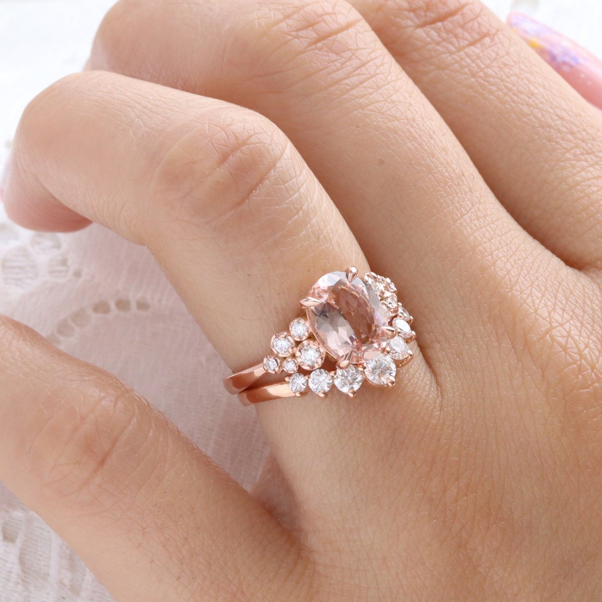 2.36 Ct Oval Morganite Diamond Ring in 14k Rose Gold Floral Cluster Ring Size 6.5
