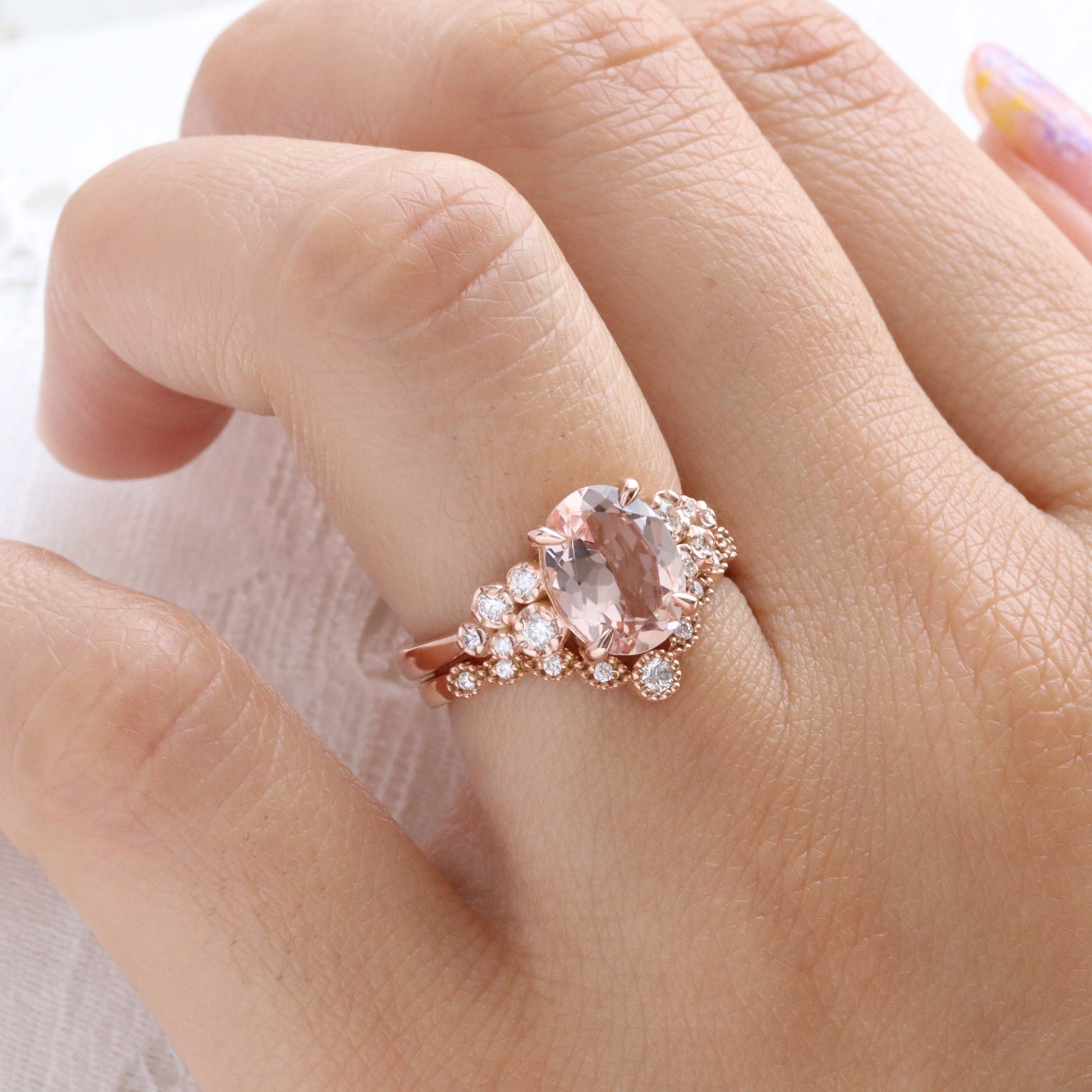 2.36 Ct Oval Morganite Diamond Ring in 14k Rose Gold Floral Cluster Ring Size 6.5