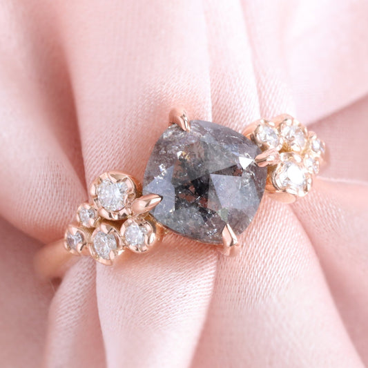 1.82 Ct Salt and Pepper Diamond Ring in 14k Rose Gold Floral Cluster Ring, Size 6.5