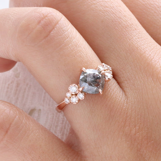 1.82 Ct Salt and Pepper Diamond Ring in 14k Rose Gold Floral Cluster Ring, Size 6.5
