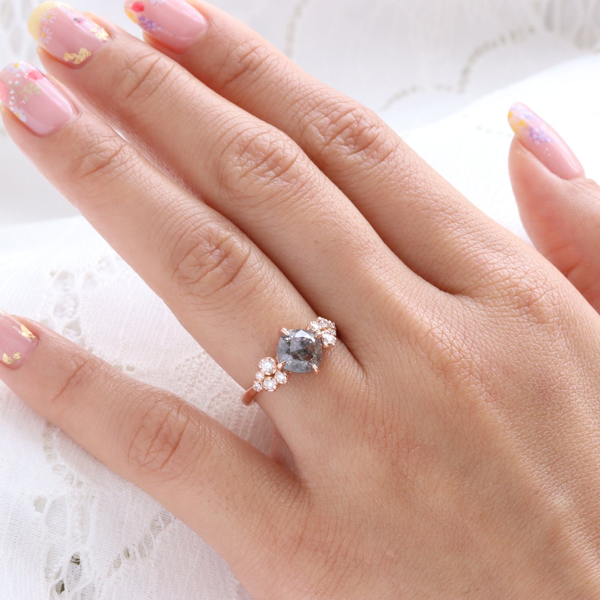 1.82 Ct Salt and Pepper Diamond Ring in 14k Rose Gold Floral Cluster Ring, Size 6.5