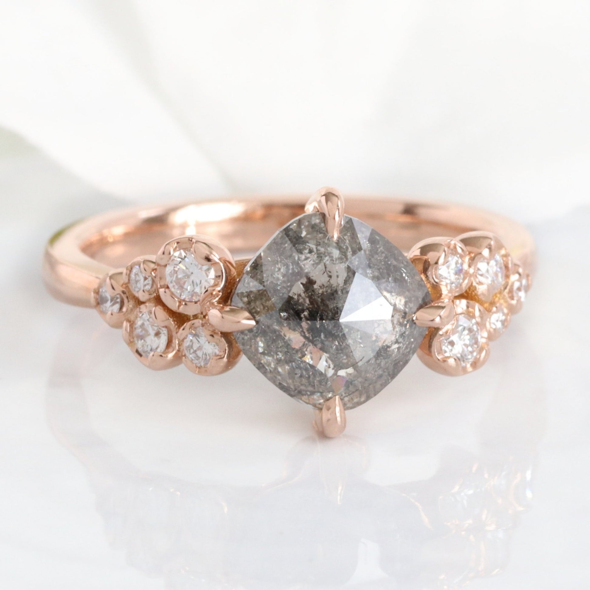 1.82 Ct Salt and Pepper Diamond Ring in 14k Rose Gold Floral Cluster Ring, Size 6.5