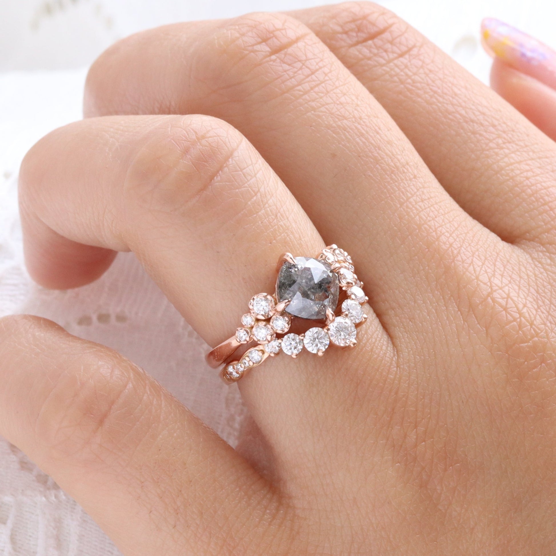1.82 Ct Salt and Pepper Diamond Ring in 14k Rose Gold Floral Cluster Ring, Size 6.5