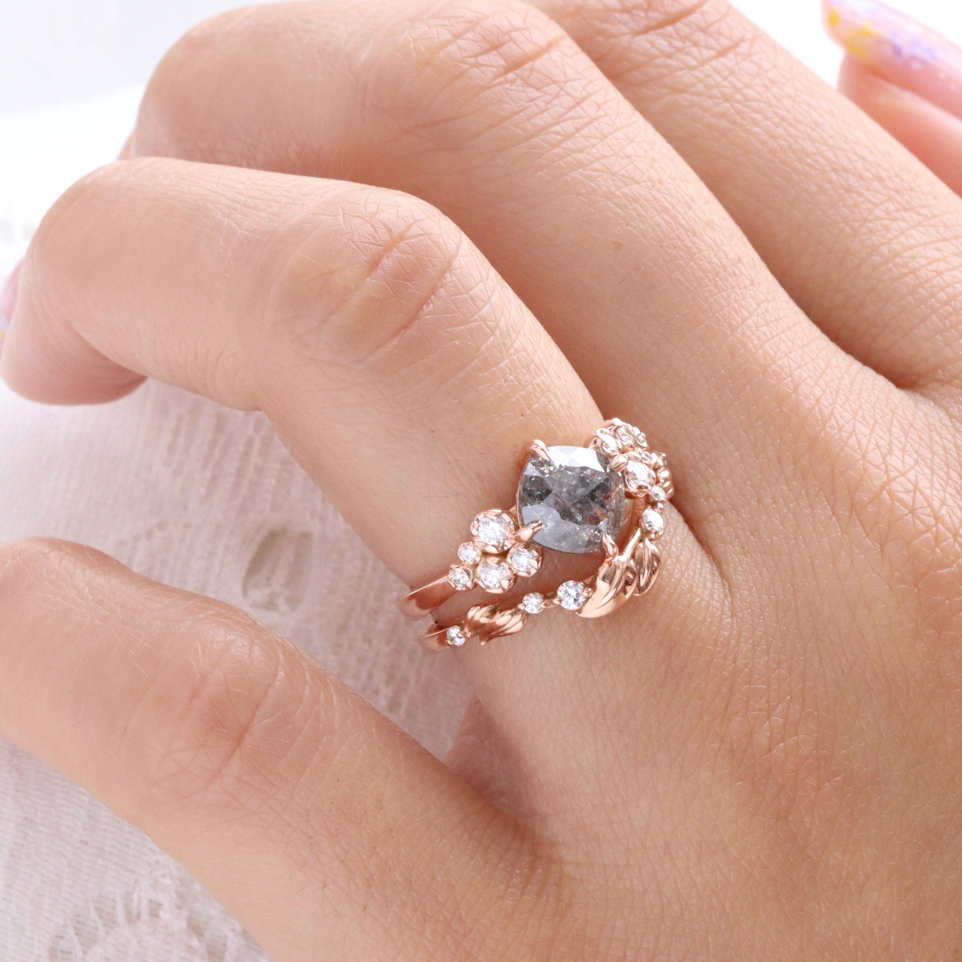 1.82 Ct Salt and Pepper Diamond Ring in 14k Rose Gold Floral Cluster Ring, Size 6.5