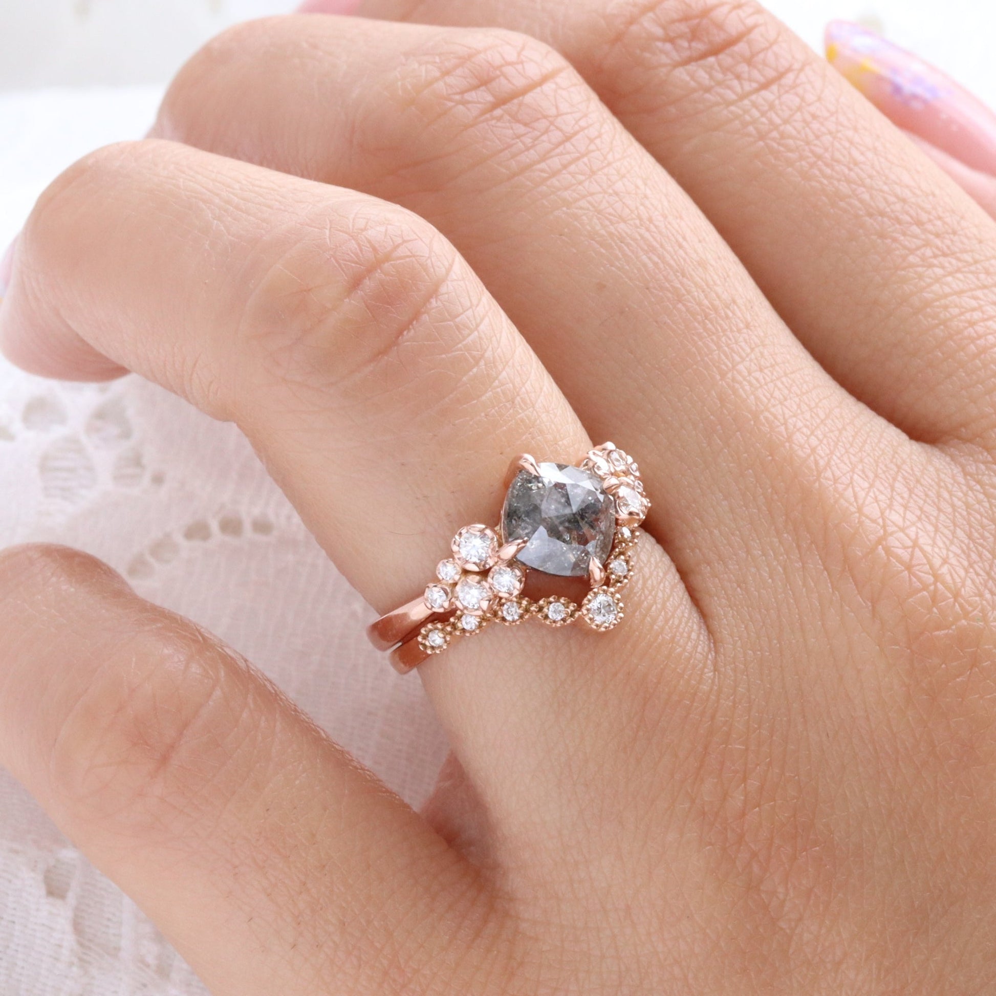 1.82 Ct Salt and Pepper Diamond Ring in 14k Rose Gold Floral Cluster Ring, Size 6.5