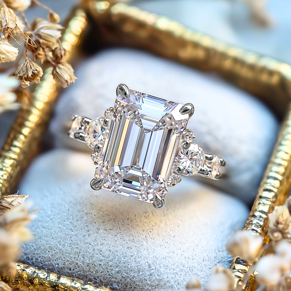The Bella 3CT Emerald Cut Moissanite Ring