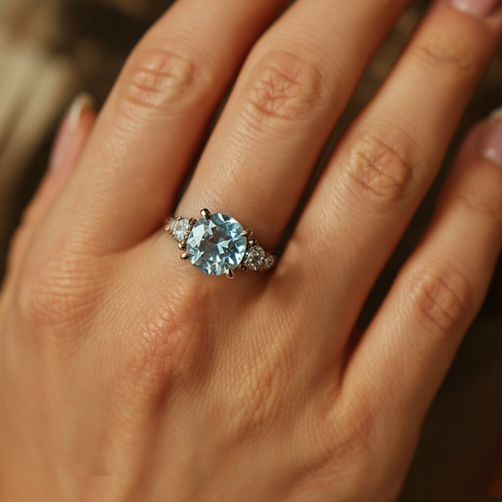 Eveline 1CT Round Cut Ocean Blue Gemstone Ring